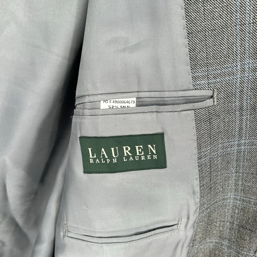 Lauren Ralph Lauren Blazer Jacket Mens Size 46L Silk Wool‎ Gray Plaid Sport Coat